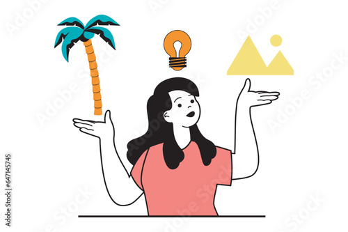Travel vacation concept with people scene in flat web design. Woman go on trip and choosing destination to tropical island or Egypt. Vector illustration for social media banner, marketing material.