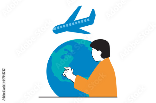 Travel vacation concept with people scene in flat web design. Man go on trip in different country, choosing destination at earth globe. Vector illustration for social media banner, marketing material.