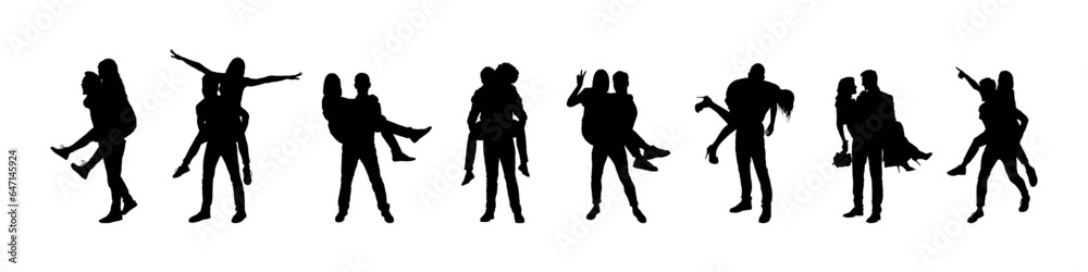 Man carrying woman in various poses isolated silhouettes set.