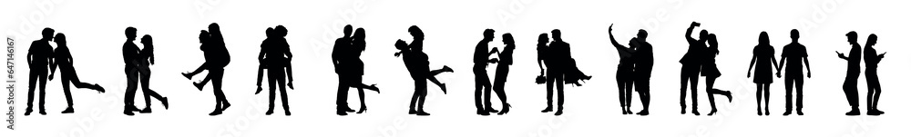 Romantic couple fall in love in various poses isolated on white background silhouettes set.