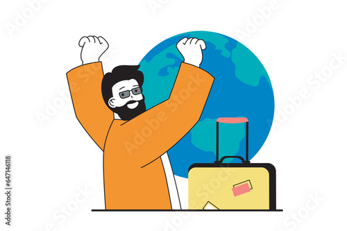 Travel vacation concept with people scene in flat web design. Man with suitcase go in global trip with sightseeing and excursion. Vector illustration for social media banner, marketing material.