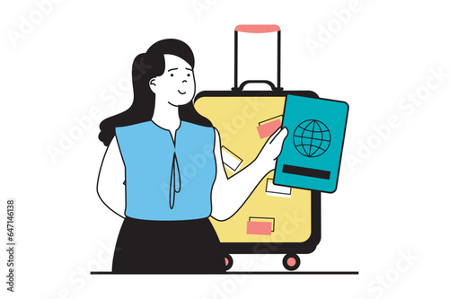 Travel vacation concept with people scene in flat web design. Woman with passport and suitcase go in trip with sightseeing activity. Vector illustration for social media banner, marketing material.