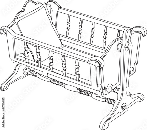 One-Line Drawing: Baby Bassinet and Cradle Sketch, Continuous Line Doodle: Newborn Cot and Safety Swing, Baby Bed and Bassinet Sketch: One Continuous Line