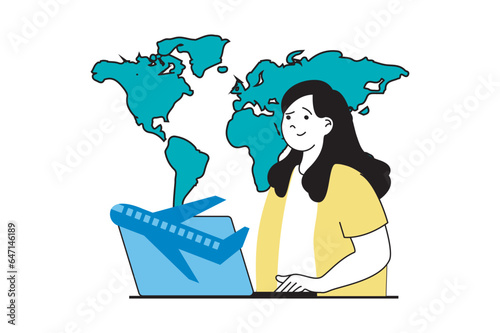 Travel vacation concept with people scene in flat web design. Woman go in trip with sightseeing in countries and flying by airplane. Vector illustration for social media banner, marketing material.