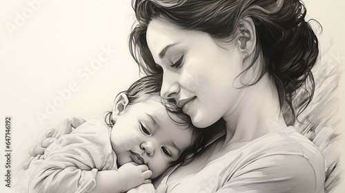 An emotive pencil drawing of a mother embracing her newborn, the profound love between them evident in their eyes