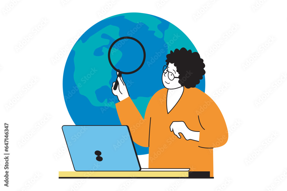 Travel vacation concept with people scene in flat web design. Woman with magnifier searching touristic locations for holiday trip. Vector illustration for social media banner, marketing material. Travel vacation concept with people scene in flat web design. Woman with magnifier searching touristic locations for holiday trip. Vector illustration for social media banner, marketing material.