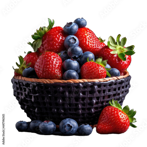 Seasonal berries  strawberries and blueberries in a ceramic basket isolated on transparent background