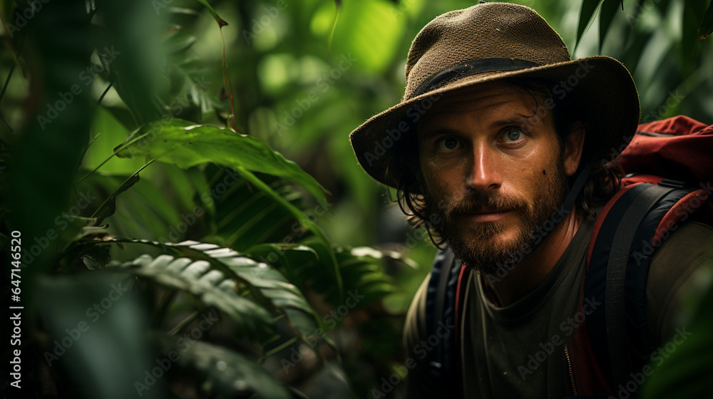 A portrait of an explorer deep in the heart of the jungle, surrounded by lush foliage and the mysteries of the unknown A portrait of an explorer deep in the heart of the jungle, surrounded by lush foliage and the mysteries of the unknown