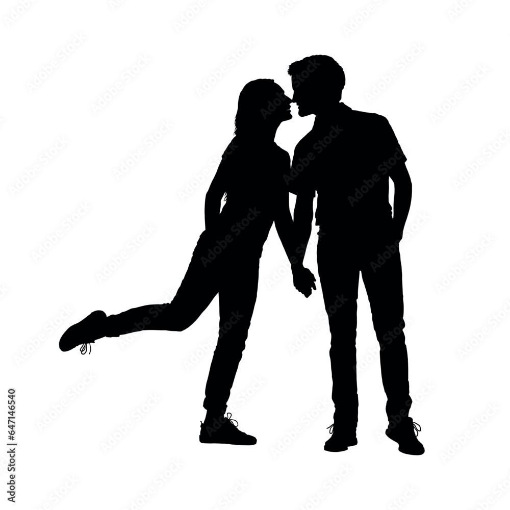 Romantic couple kissing vector black silhouette.