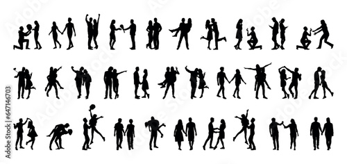 Romantic couple with various poses outdoors vector flat silhouette set collection.