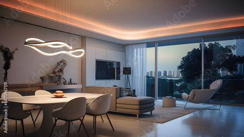 Witness the impact of cutting-edge lighting in modern flat design. The photograph highlights innovative lighting fixtures, LED accents, and ambient illumination that create a dynamic.