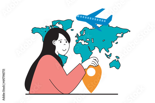 Travel vacation concept with people scene in flat web design. Woman planning trip route at global map with flights and booking hotel. Vector illustration for social media banner, marketing material.
