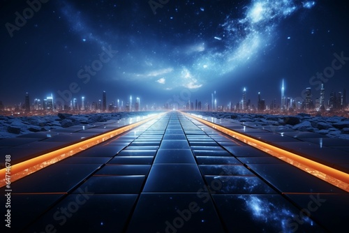 A 3D rendering fuses a highway road with a digital space backdrop