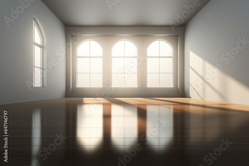 A 3D rendering illuminates an empty room as light gracefully enters