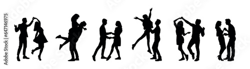 Set of romantic couple dancing have fun together silhouettes isolated on white background.