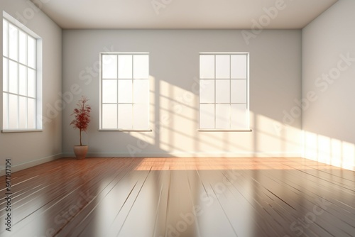 A serene 3D rendering portrays an empty room touched by warm light