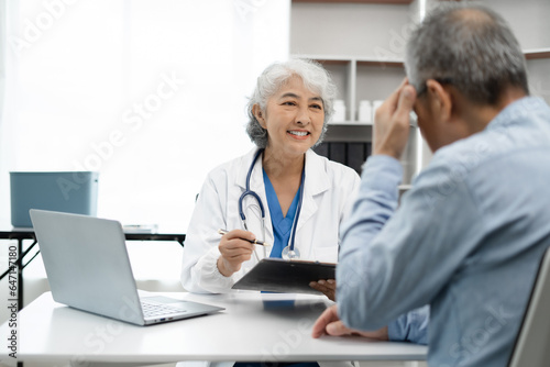 Stressed senior old patient are treated by a psychologist or psychiatrist in a psychiatric clinic or hospital. Patients reported symptoms of depression, stress, irritability, and life problems.