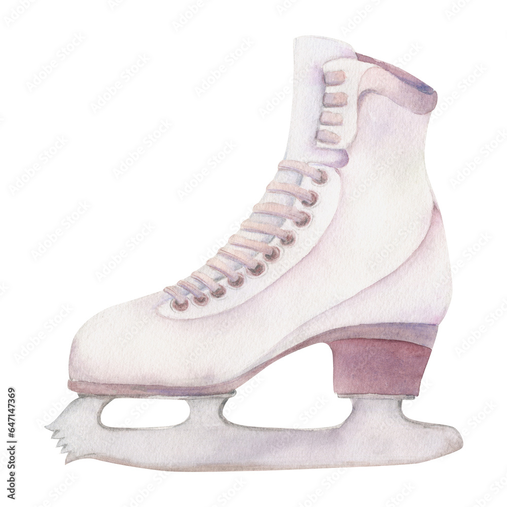 Hand drawn watercolor figure skating boots, winter sports footwear, gear equipment. Illustration isolated object, white background. Design for poster, print, website, card, invitation, shop brochure