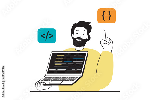Web development concept with people scene in flat design. Man creating programming code for constructing homepage ui layout at laptop. Vector illustration for social media banner, marketing material.