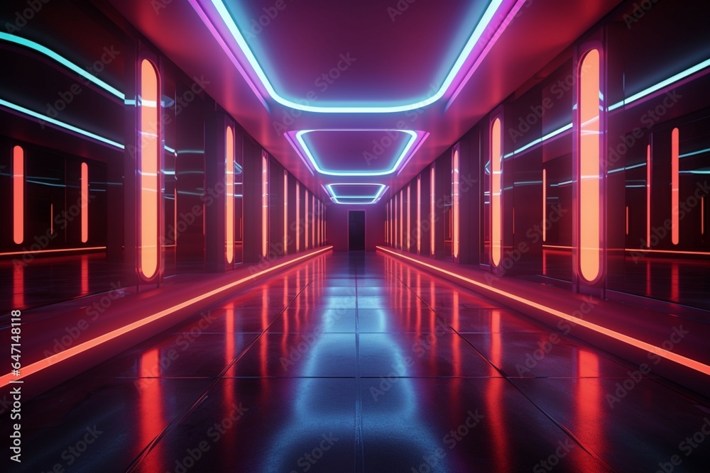 Futuristic underground parking corridor evolves into an illuminated, empty stage room