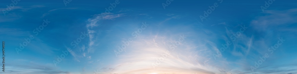 Sunset sky panorama with golden pink Cirrus clouds. Seamless hdr spherical 360 panorama. Sky dome in 3D visualization, sky replacement for aerial drone 360 panoramas. Weather and climate change Sunset sky panorama with golden pink Cirrus clouds. Seamless hdr spherical 360 panorama. Sky dome in 3D visualization, sky replacement for aerial drone 360 panoramas. Weather and climate change