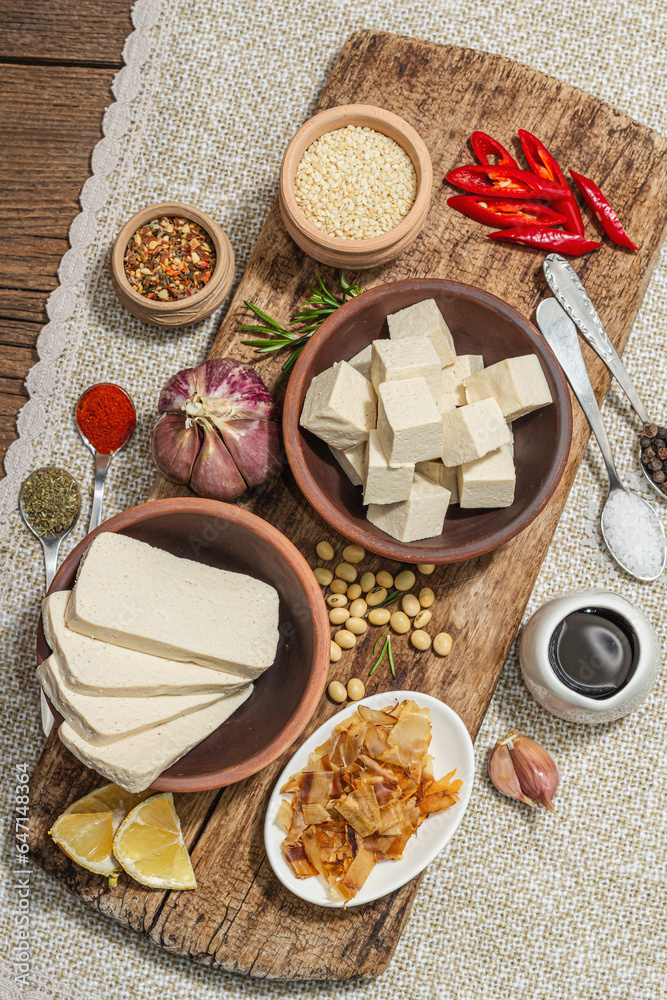 Set of ingredients for preparation Tofu. Fresh diced cheese, spices, herbs and soy sauce Set of ingredients for preparation Tofu. Fresh diced cheese, spices, herbs and soy sauce