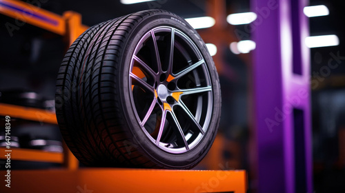 A new tire is placed on the tire storage rack in the car workshop. Purple, orange neon colors.