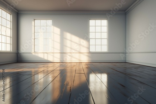 Light spills into an empty room, beautifully captured in 3D rendering