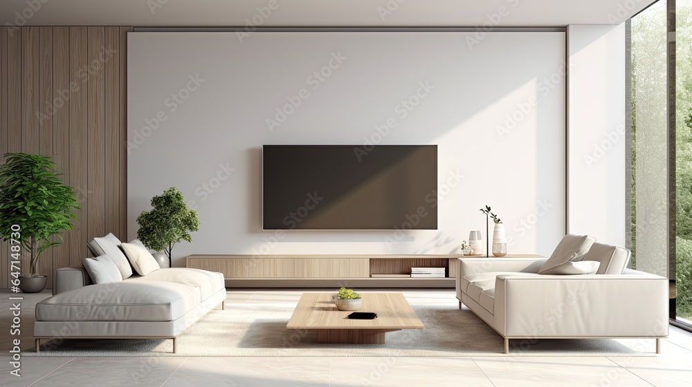 Fototapeta premium Modern minimalist living room with TV and beige sofa.