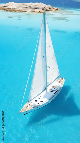 Aerial image of beautiful sailboat cruising in blue open ocean. Luxury white yacht. Generative AI © AngrySun