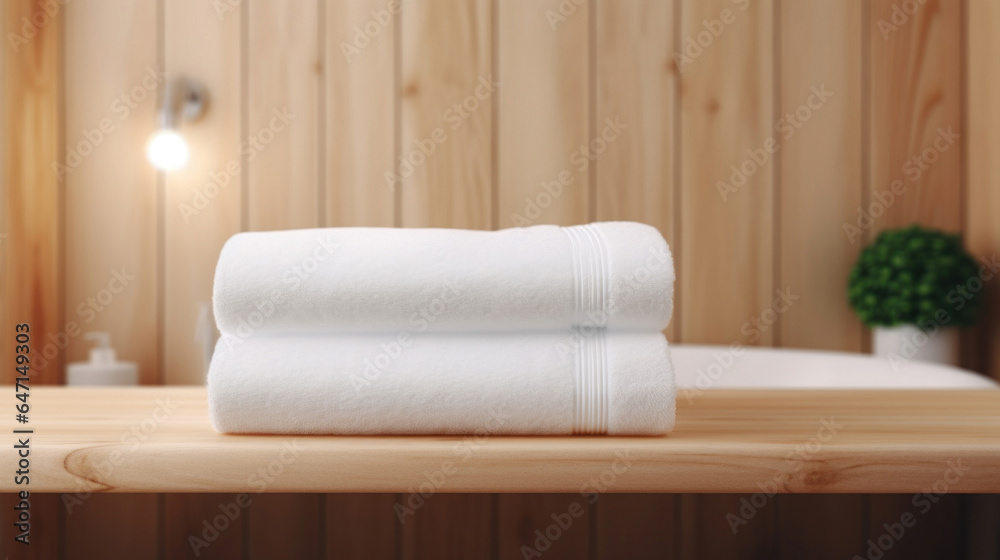 White clean towels on wooden table in bathroom White clean towels on wooden table in bathroom