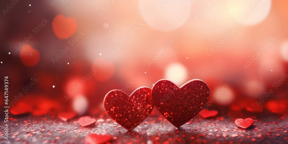 Two Red Heart shapes on abstract light glitter background in love concept for valentines day