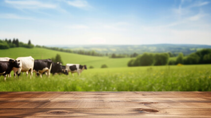 Empty wooden table top with blur background of cows pasture