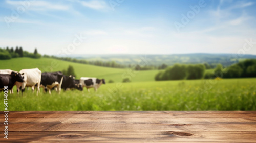 Empty wooden table top with blur background of cows pasture