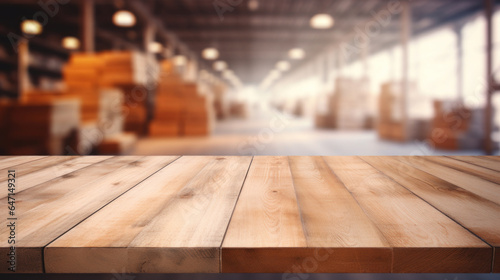 Empty wooden table top with blur background of large warehouse © tashechka