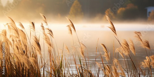 Diffused light of a misty autumn afternoon  this image showcases a serene lake surrounded by tall grasses  their golden heads swaying gently in the breeze