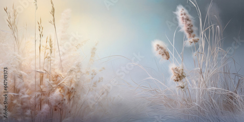 Snowflakes frost on grass with brown lupine, herbs and wheat field © tashechka