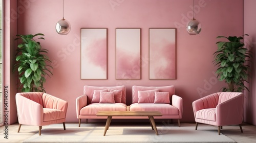 Fototapeta Naklejka Na Ścianę i Meble -  Against a pink stucco wall with a poster frame, pink sofa and armchairs lie next to a pink stucco wall with pink sofas and armchairs. Art deco interior design of modern living room