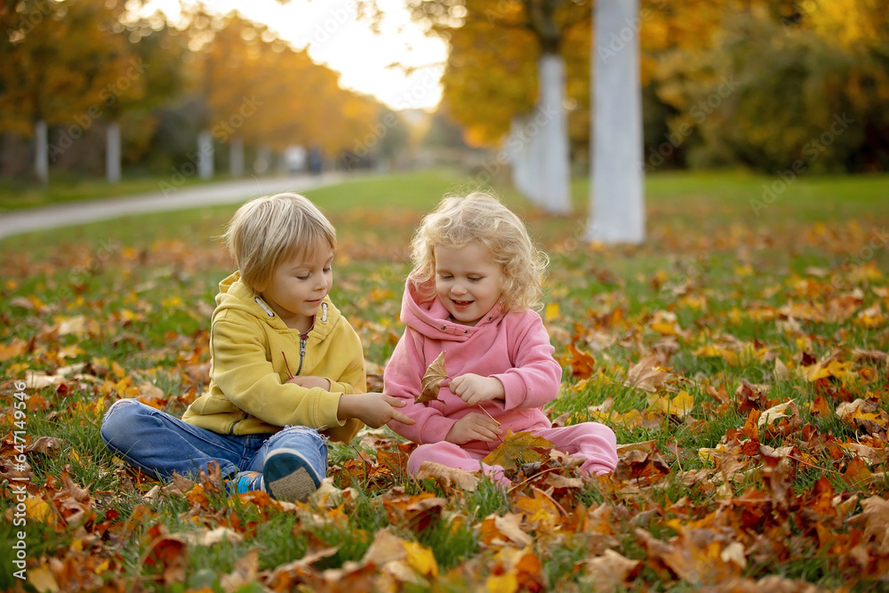Cute blond toddler children boy and girl,walking in autumn park on sunset, enjoying the beautiful nature Cute blond toddler children boy and girl,walking in autumn park on sunset, enjoying the beautiful nature