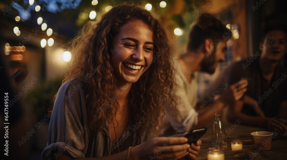 A young pretty girl cheerfully while reading a message on his smartphone.