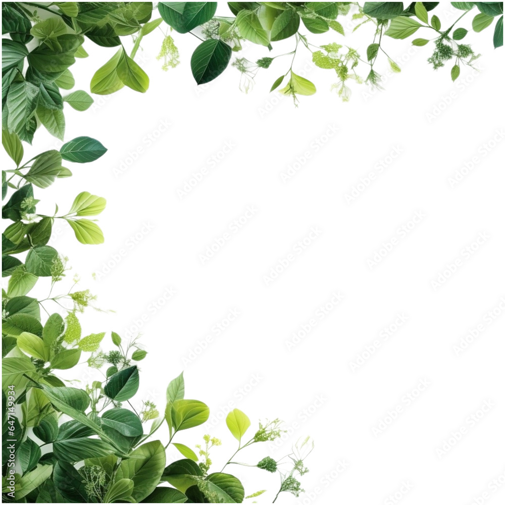 green leaves and flowers isolated on Transparent background, in the style of frame construction