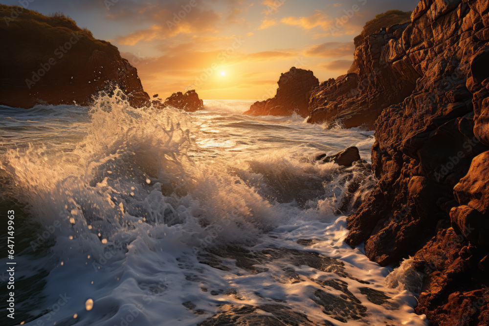 Coastal seascape with waves crashing on rocky cliffs illuminated by the setting sun during golden hour, Generative AI