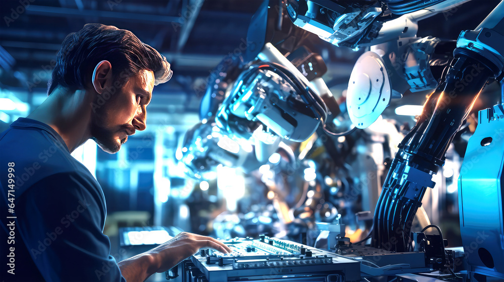 worker testing quality of mechanical arm machinery on background worker testing quality of mechanical arm machinery on background