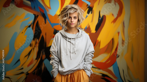 Generative AI, stylish fashionable teenager with a trendy hairstyle on a colored background, beautiful girl, youth, student, party, new generation, zoomer, space for text