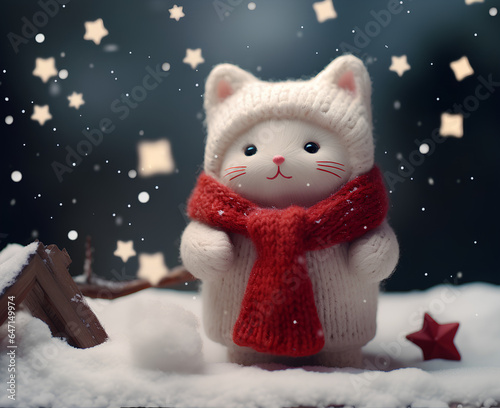Kitten snowman in red scarf on snow dark background.