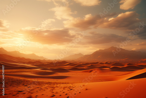 Desert landscape with sand dunes glowing in the evening's golden hour, Generative AI