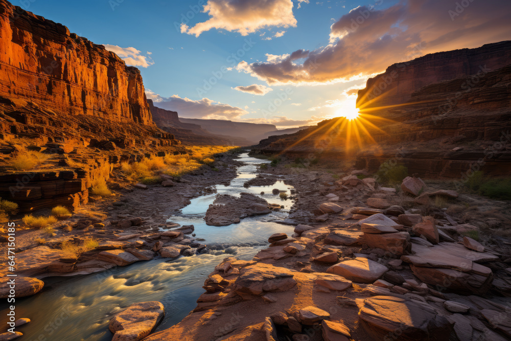 Dramatic canyon landscape with deep shadows and warm highlights during the golden hour, Generative AI