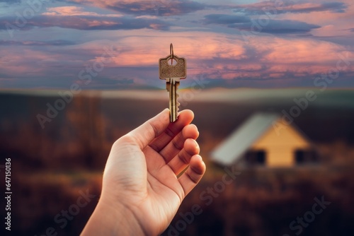 Close up on man's hand handing key on cottage background, real estate agent selling a property