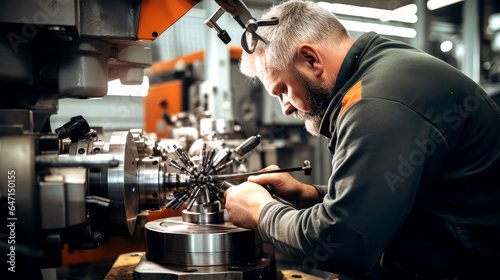 worker testing quality of machinery with factory