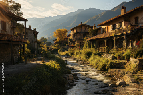 Picturesque village nestled in a valley with warm golden light streaming through during golden hour, Generative AI